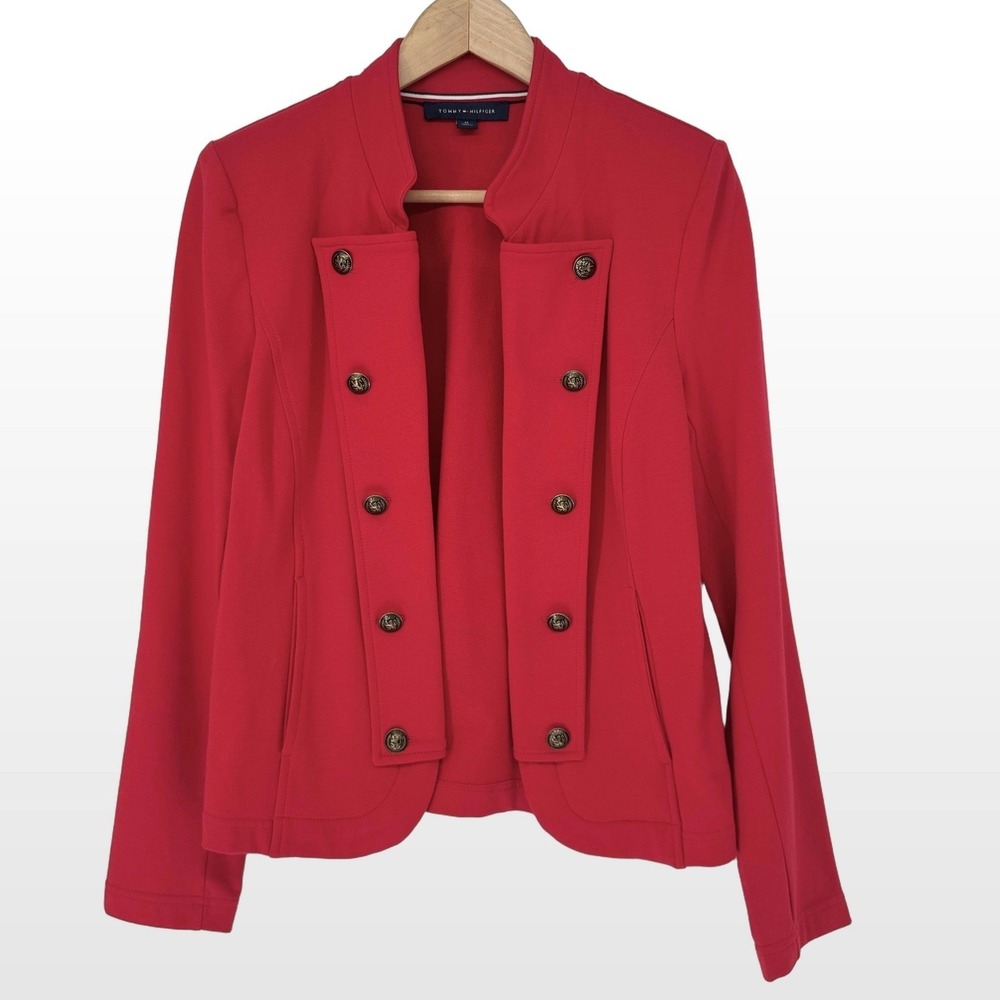 Tommy Hilfiger Military Band Jacket Red Womens M Cotton Blend Crest Buttons SEO